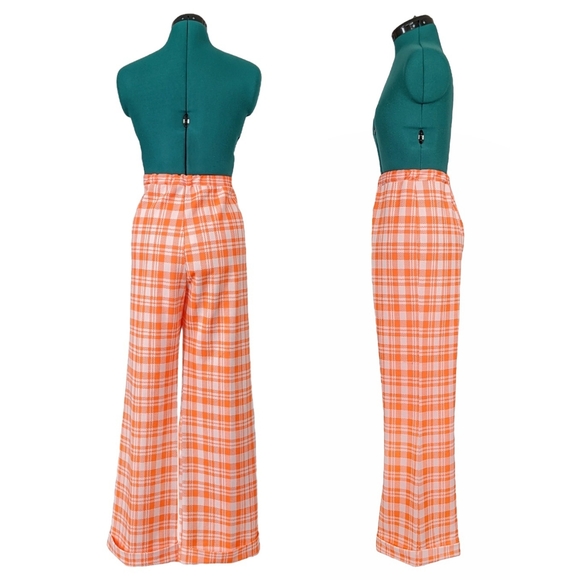 1970s High Waisted Vintage BellBottoms Flares Pants Orange Plaid Medium Trousers - Picture 2 of 6